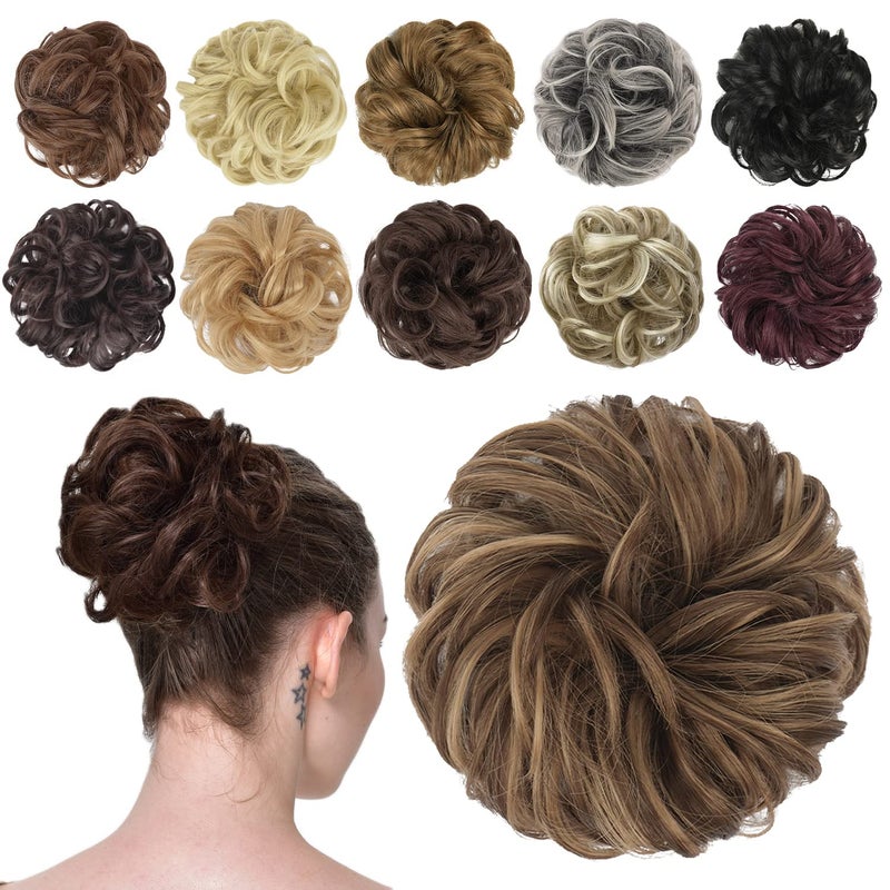 FESHFEN Messy Bun Hair Piece - Elastic Wavy Curly Hair Bun Scrunchies Extensions Synthetic Chignon Hairpieces for Women Girls, Brown Mixed Honey Blonde 1.5 oz - Image 1